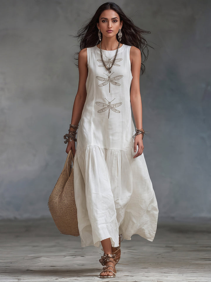 Women's Crew Neck Sleeveless Dragonfly Print Boho Linen Maxi Sundress