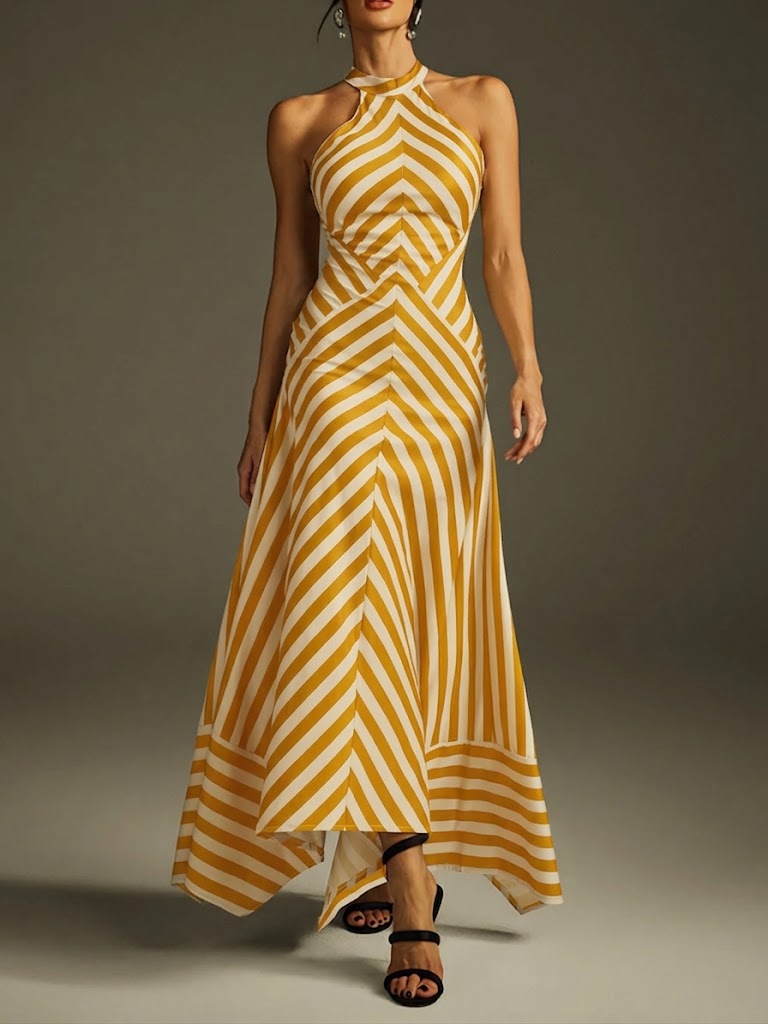 Womens Halter Striped Backless Linen Maxi Dress