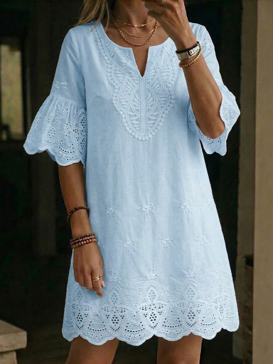 Women's Linen Embroidered V-Neck Flare Sleeve Tunic Dress