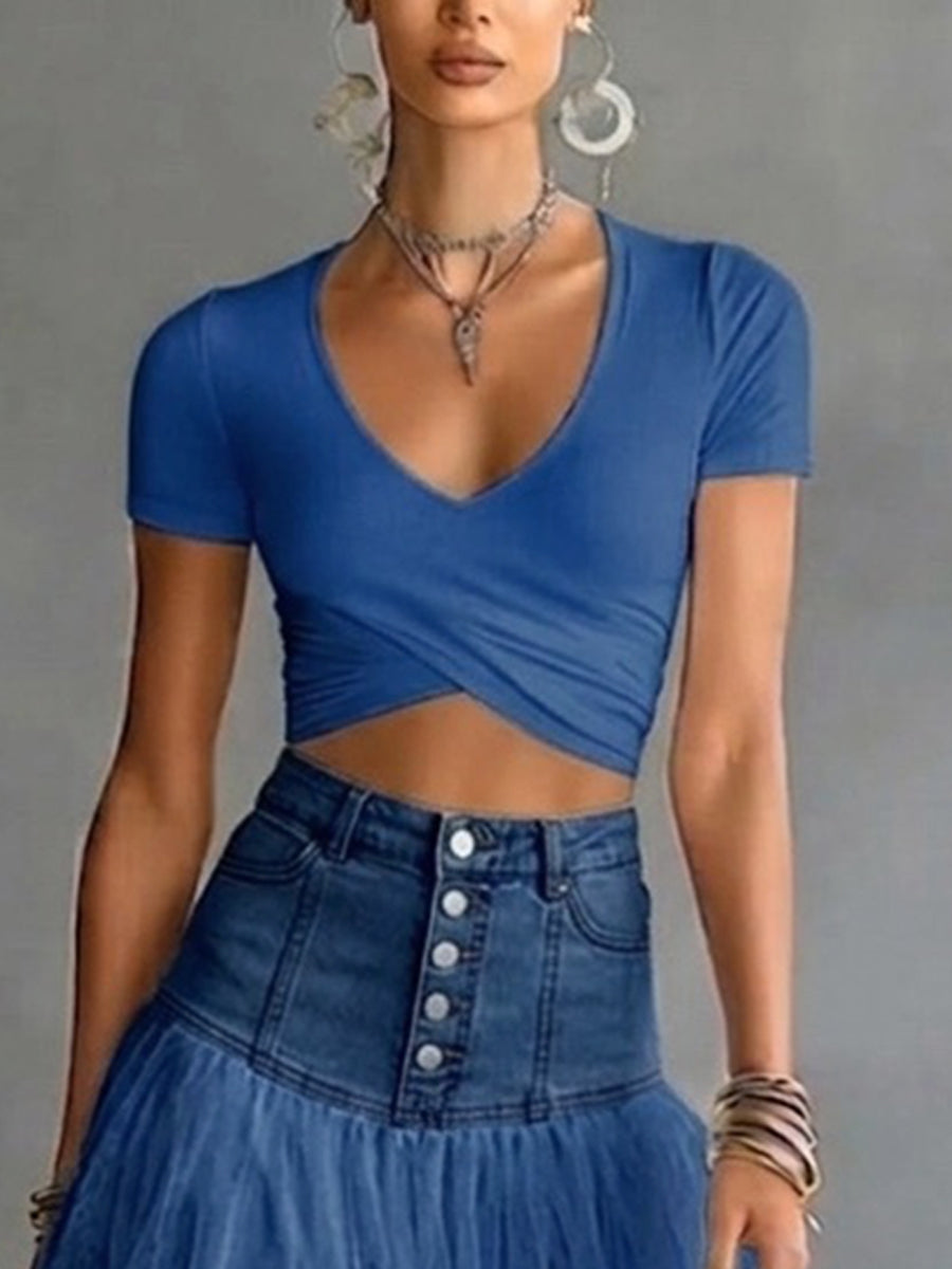 Women's V-Neck Wrap Front Short Sleeve Ribbed Knit Crop Top
