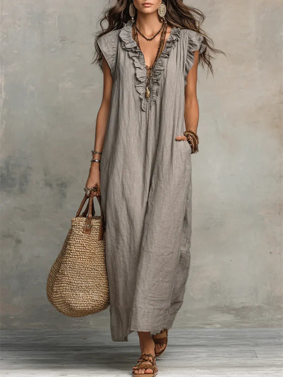 Women's Linen V-Neck Sleeveless Kaftan Boho Maxi Dress