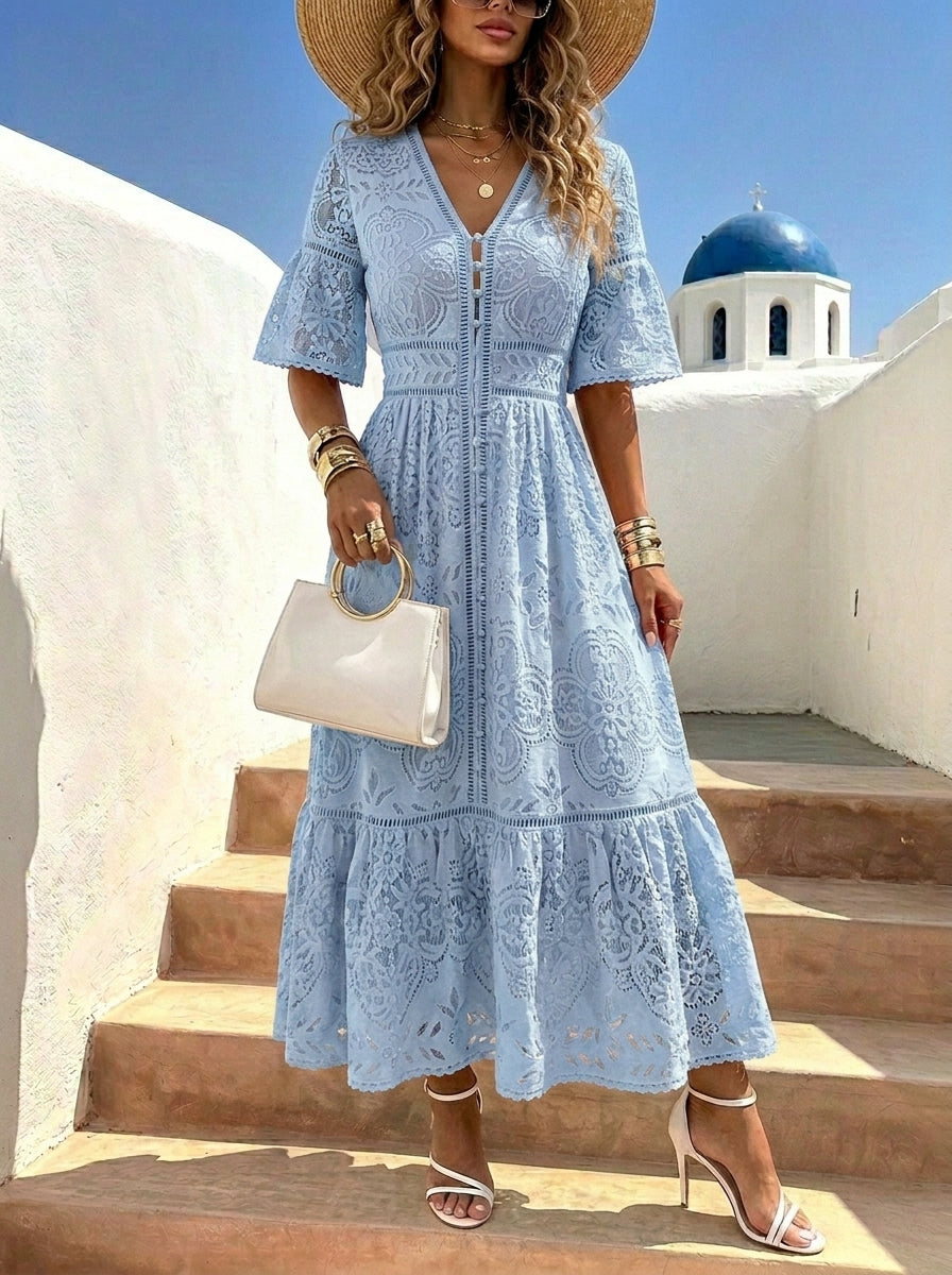 Women's Lace Trim Linen-Blend 3/4-Sleeve Maxi Shirt Dress
