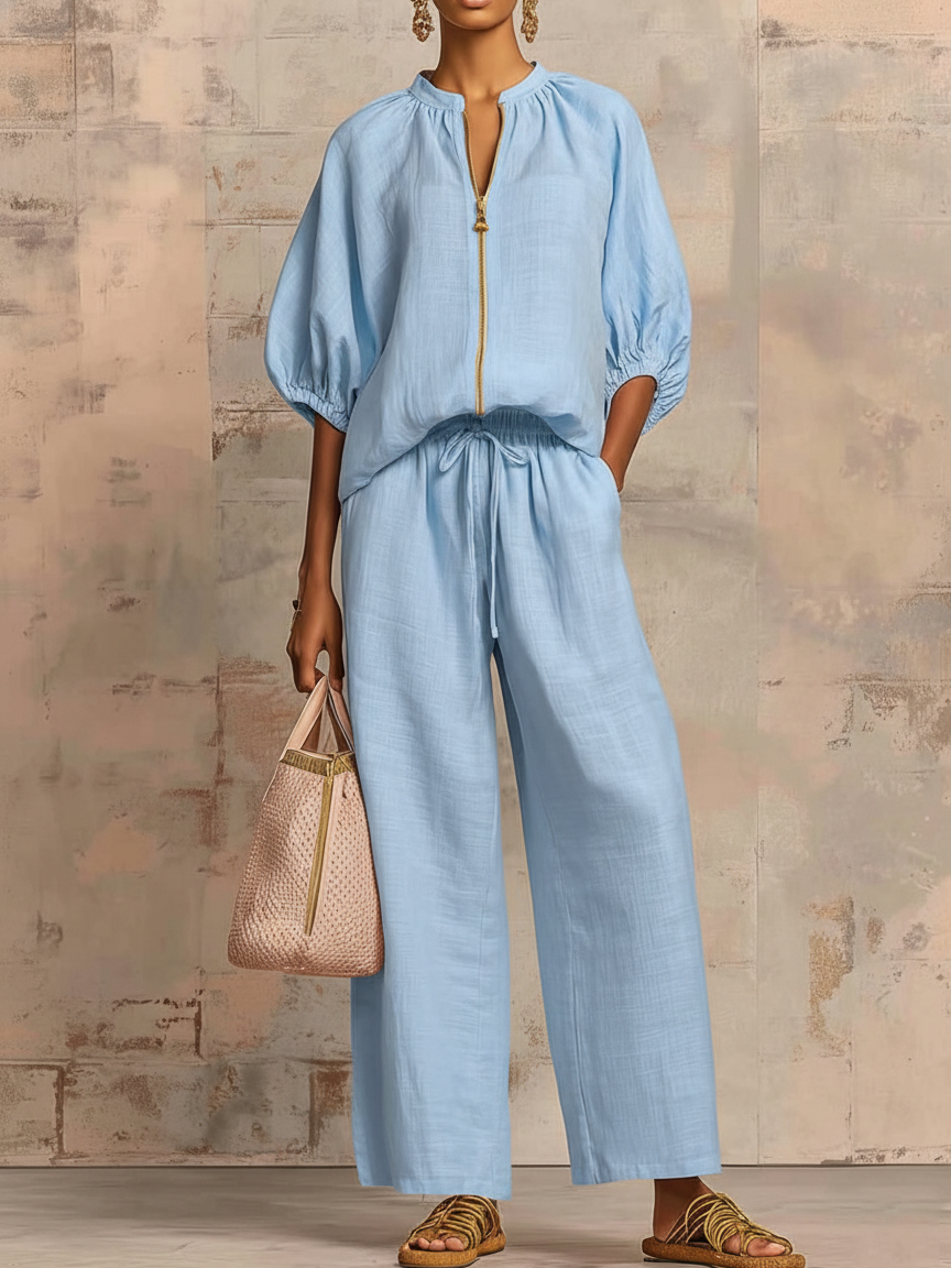 Women's Linen Blend Half Zip Top and Wide Leg Pants Two-Piece Lounge Set