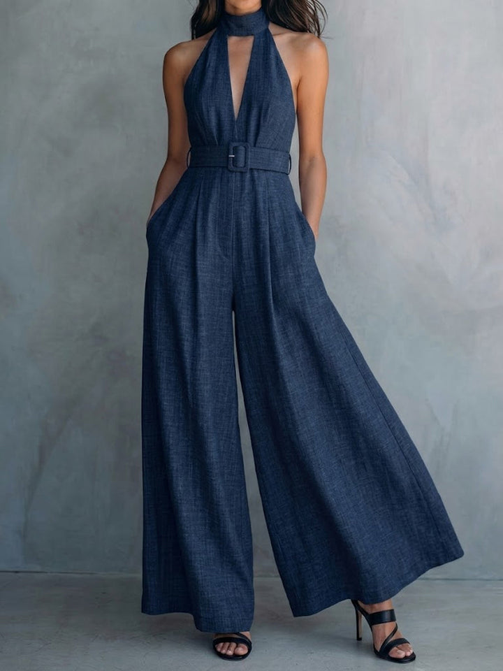Women's Linen Halter Neck Deep-V Wide Leg Jumpsuit