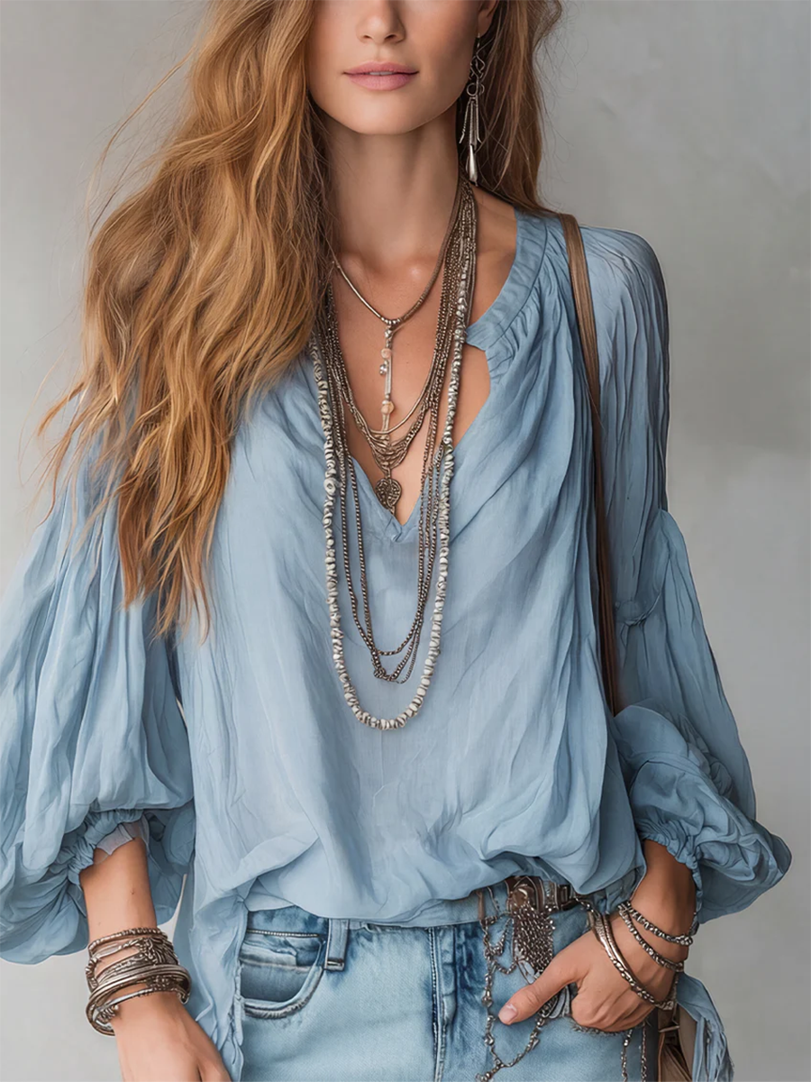 Women's Loose Fit Retro Linen Lantern Sleeve Blouse