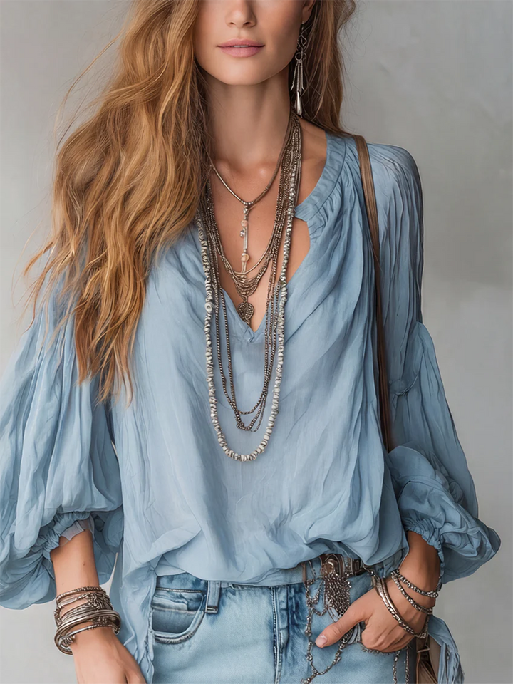 Women's Loose Fit Retro Linen Lantern Sleeve Blouse