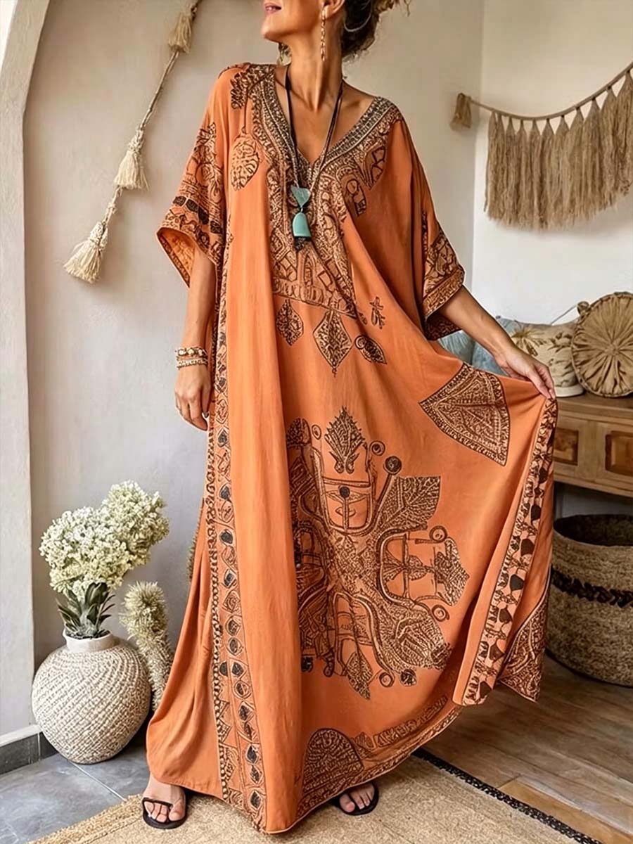 Women's V-Neck Three-Quarter Sleeve Placement Print Linen Kaftan Dress