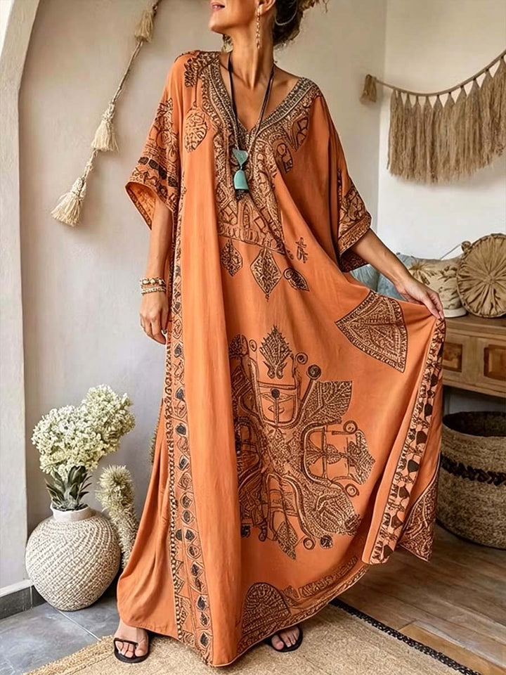 Women's V-Neck Three-Quarter Sleeve Placement Print Linen Kaftan Dress