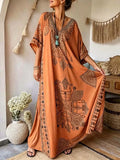 Women's V-Neck Three-Quarter Sleeve Placement Print Linen Kaftan Dress