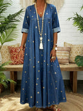 Women's Long-Sleeve Denim V-Neck Maxi Dress