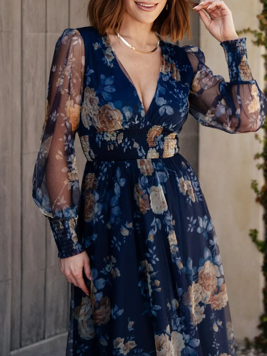Women's Chiffon Floral Long Sleeve V-Neck Maxi Dress