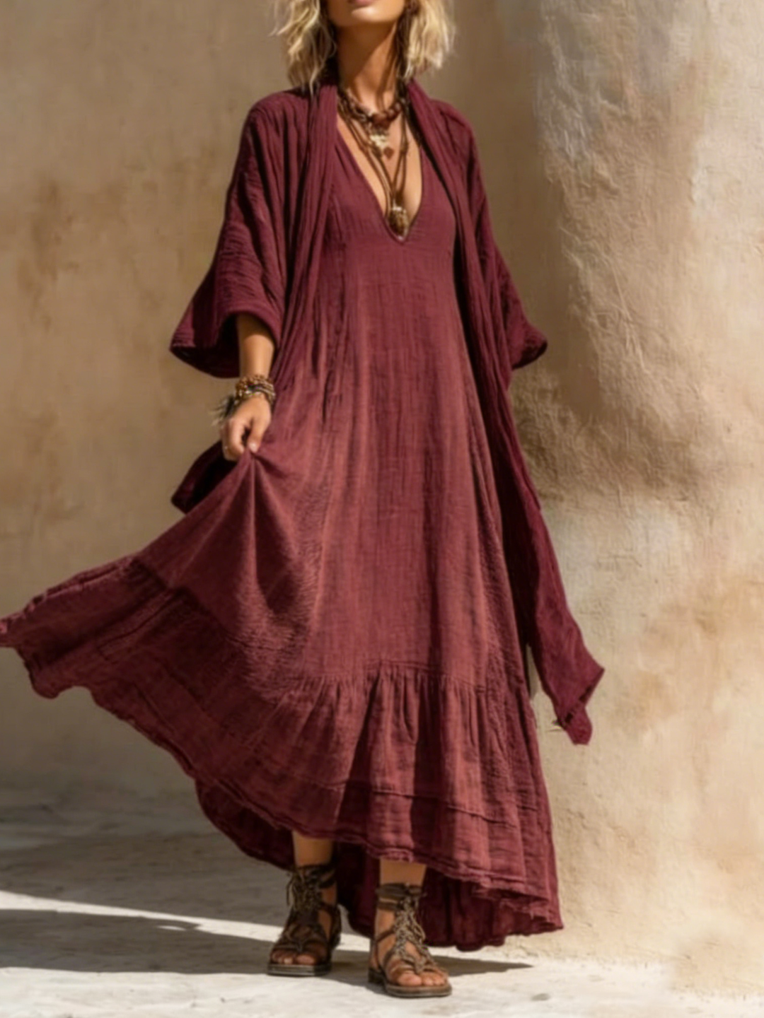 Women's Boho V-Neck Linen Long Sleeve Flowy Maxi Dress