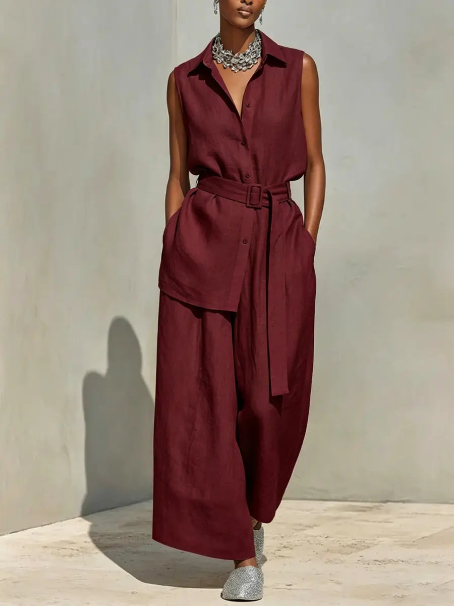 Women's Linen Sleeveless Shirt and Wide Leg Trousers Two Piece Set