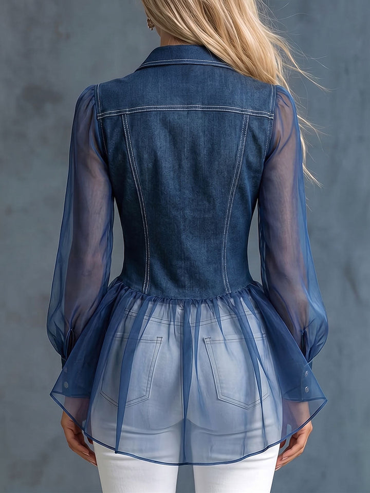 Women's Denim Chiffon Mix Long Sleeve Fitted Shirt Jacket