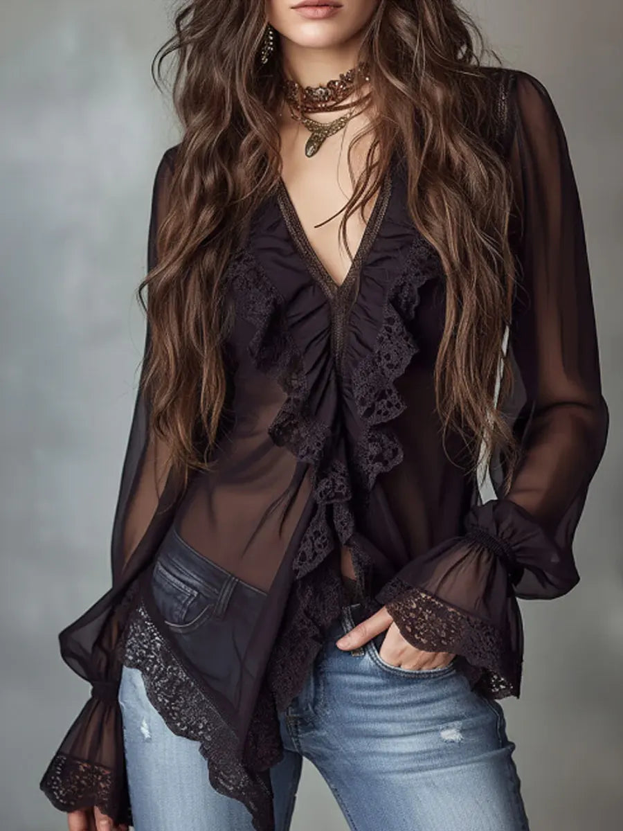 Women's Chiffon Ruffle Blouse Long Sleeve Sheer Mesh Shirt V-Neck Casual Top