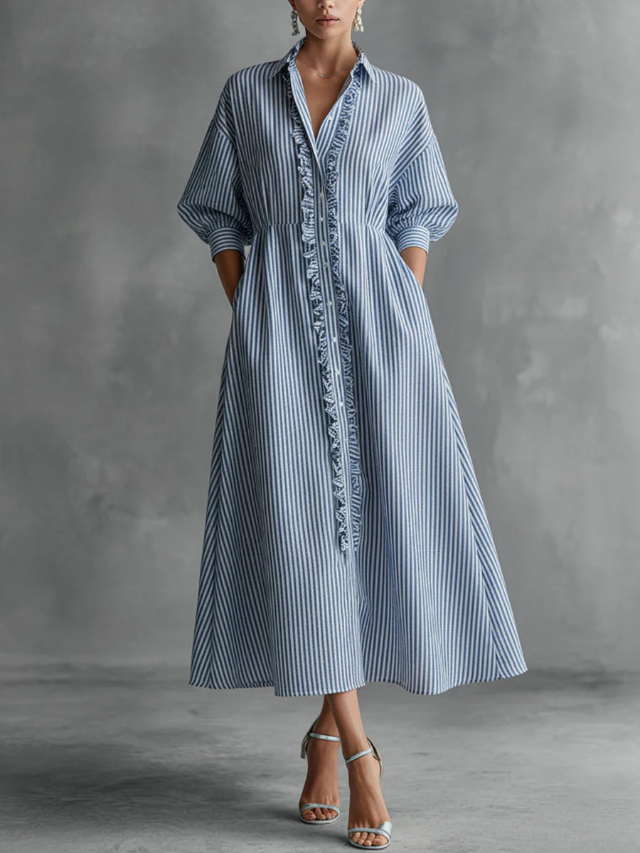 Women's Button Front Linen Midi A-Line Shirt Dress