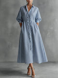 Women's Button Front Linen Midi A-Line Shirt Dress