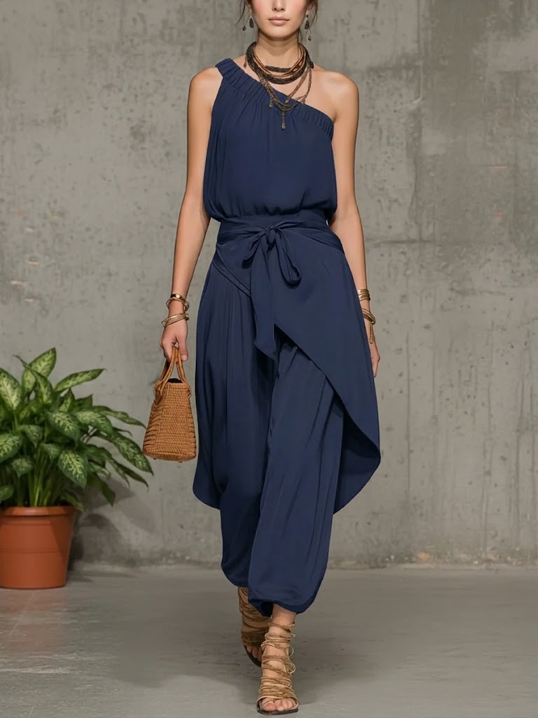 Women's One Shoulder Linen Jumpsuit Harem Wide Leg Romper