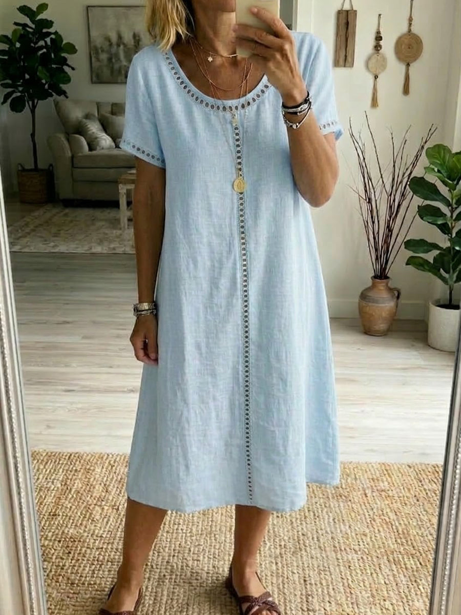 Women's Linen Look Loose Fit Short Sleeve Midi Shift Dress