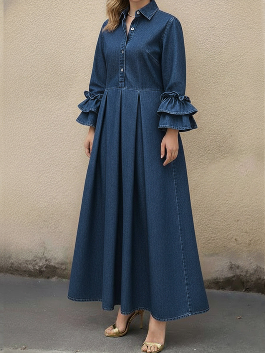 Women's Denim Pleated Ruffle Long Sleeve Maxi Dress