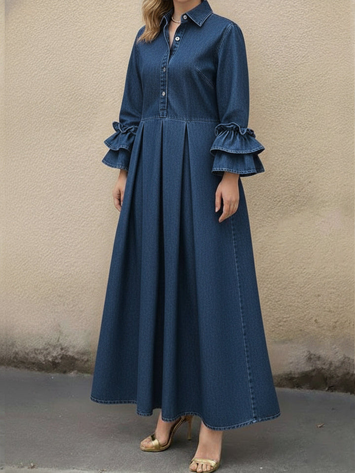 Women's Denim Pleated Ruffle Long Sleeve Maxi Dress