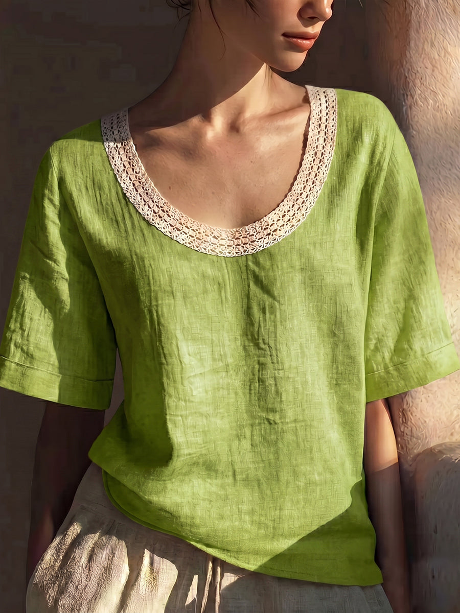 Women's Linen Blouse Lace Short Sleeve Scoop Neck Top
