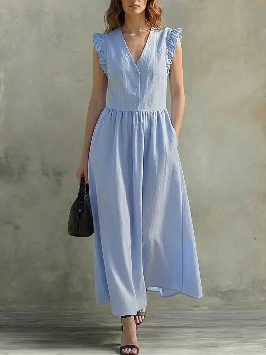Women's Linen Maxi Dress V-Neck Ruffle Sleeve A-Line Sun Dress