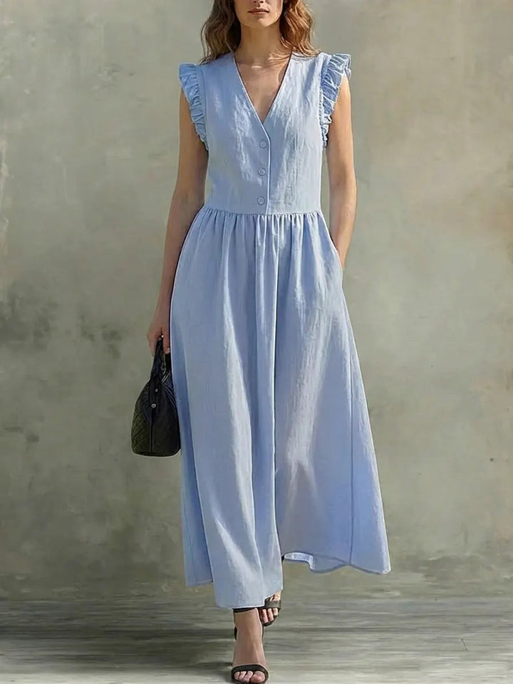 Women's Linen Maxi Dress V-Neck Ruffle Sleeve A-Line Sun Dress