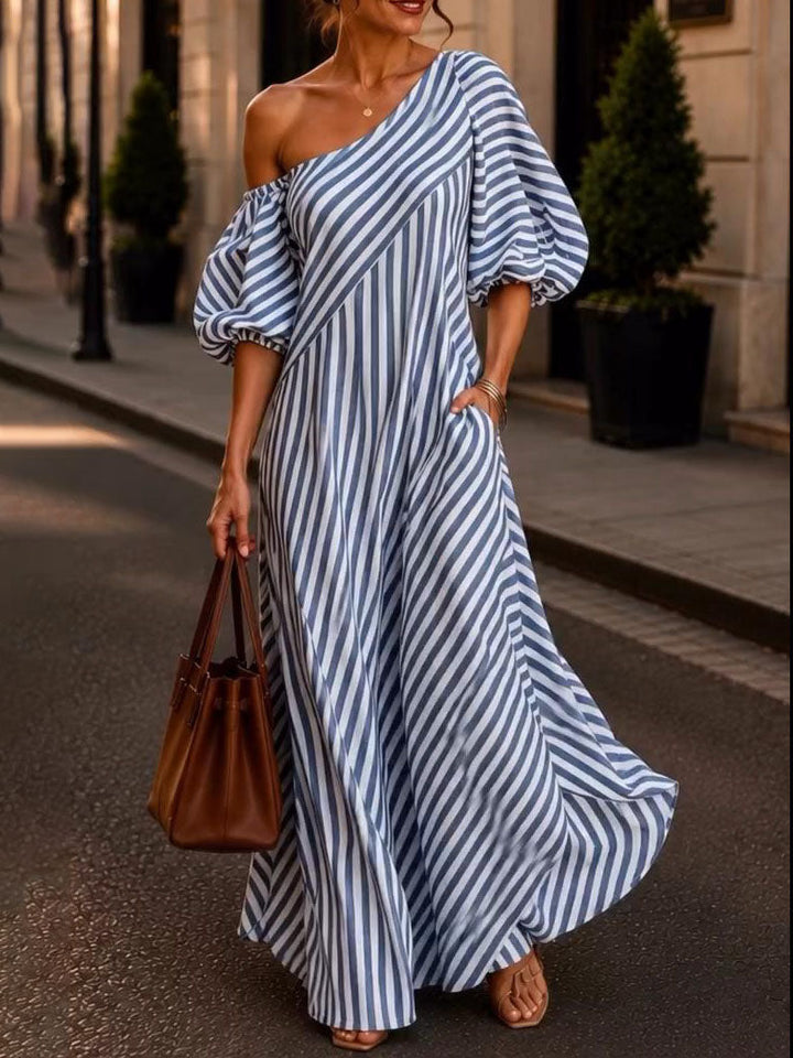Women's One Shoulder Striped Knit Maxi Dress Puff Sleeve