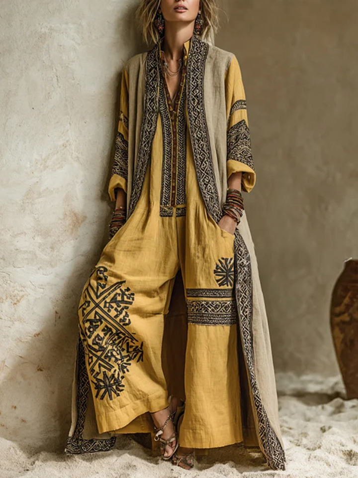 Women's Linen Embroidered Wide Leg Jumpsuit and Long Vest Set