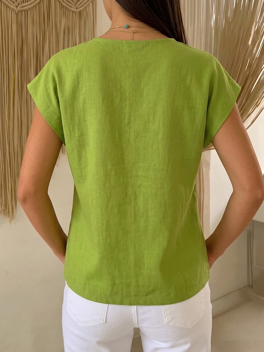 Women's V-Neck Linen Blouse Short Sleeve Wrap Top