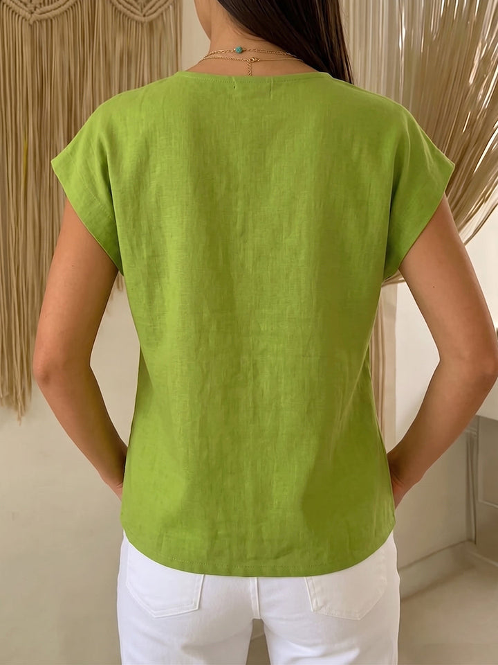 Women's V-Neck Linen Blouse Short Sleeve Wrap Top