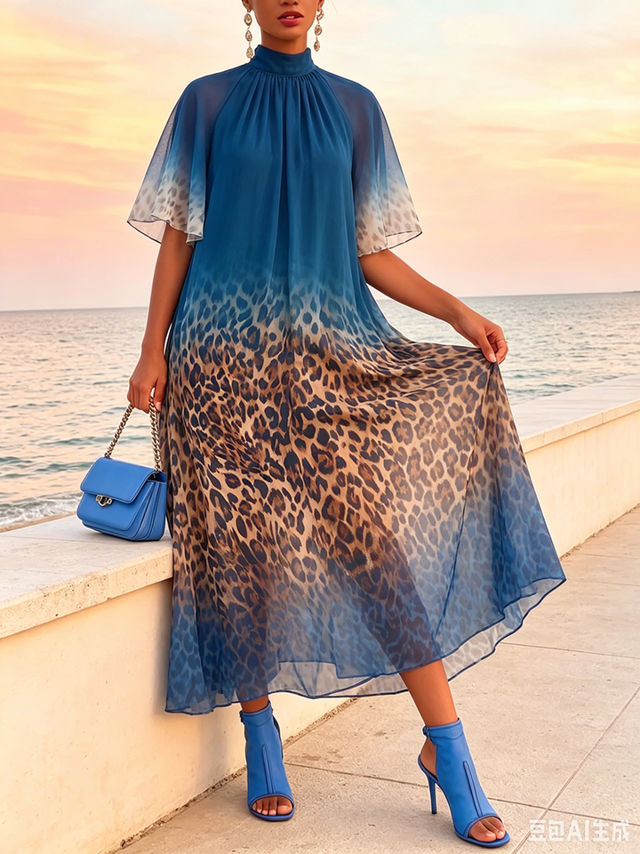 Women's Short Sleeve Mock Neck Loose-Fit Leopard Print Chiffon Maxi Dress