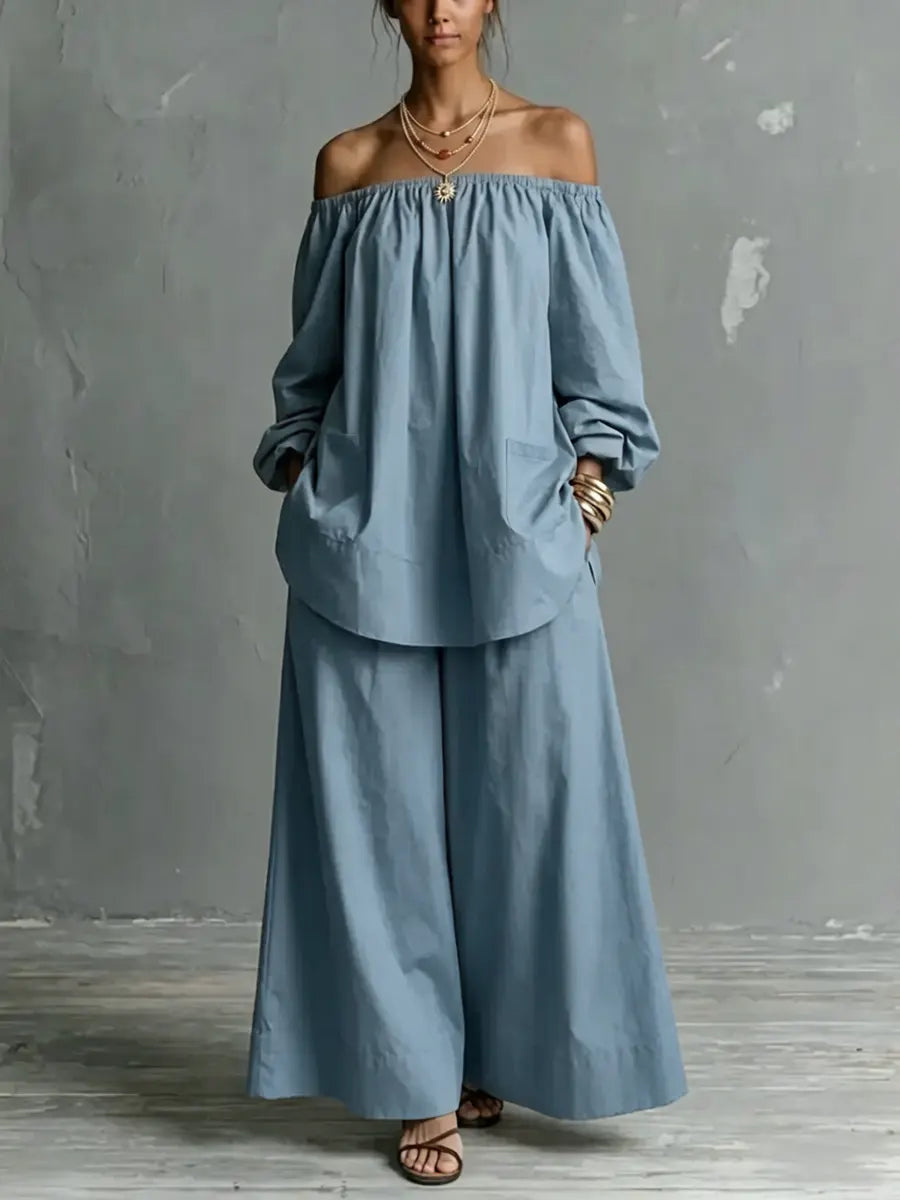 Women's Linen Off Shoulder Top and Wide Leg Trousers Two Piece Set