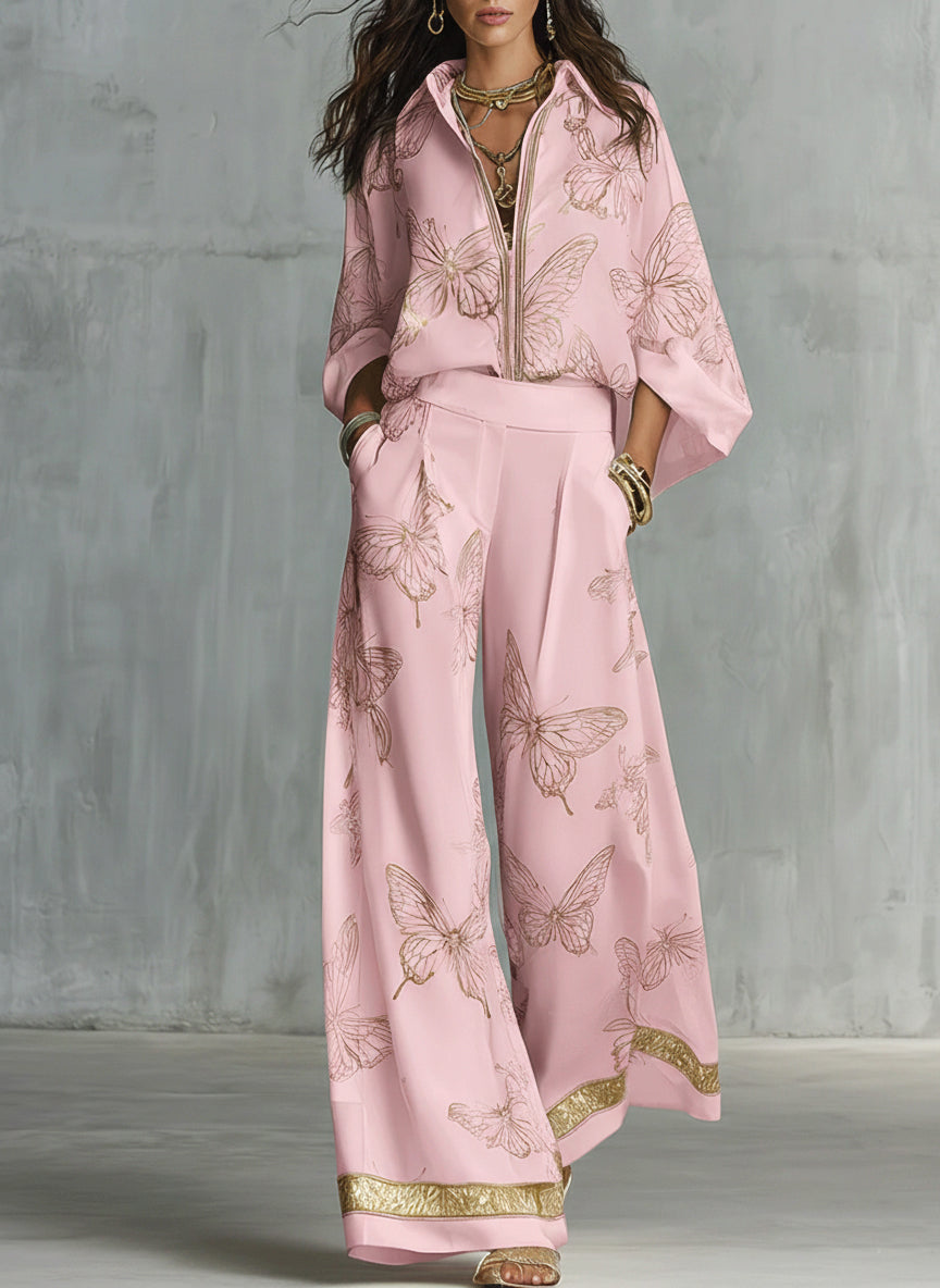 Women's Linen Wide Leg Trousers and Butterfly Print Shirt Set