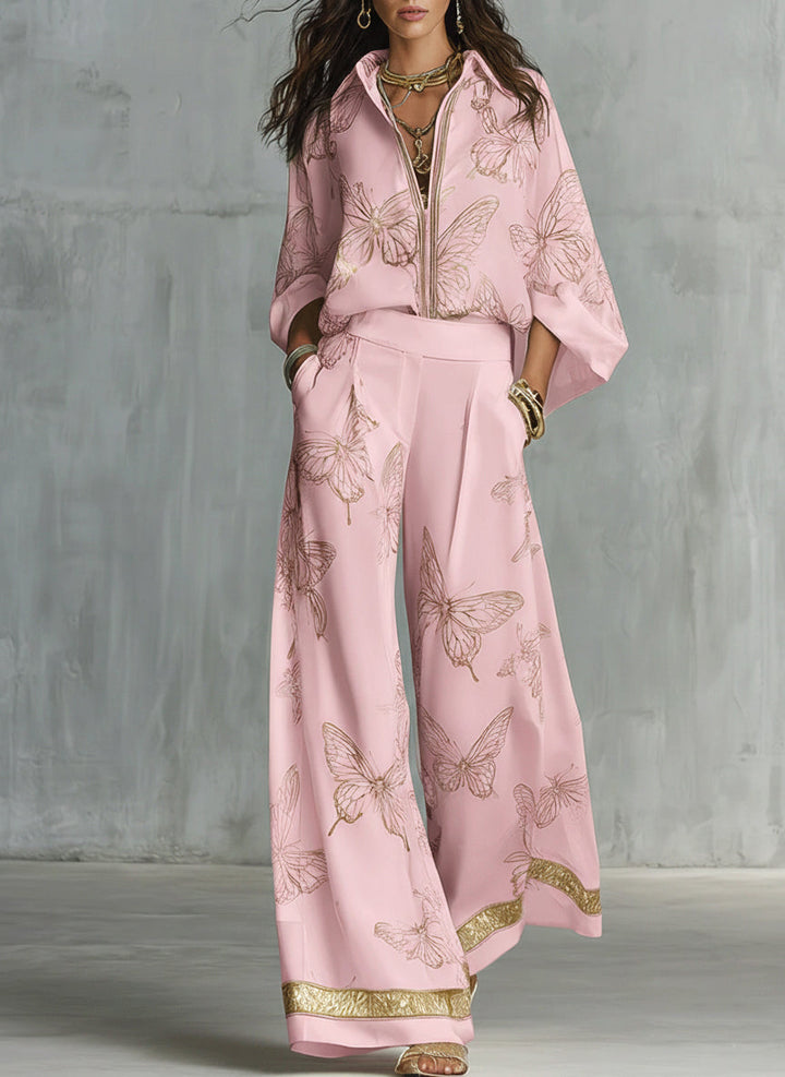 Women's Linen Wide Leg Trousers and Butterfly Print Shirt Set