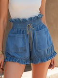 Women's Denim Ruffle Hem Smocked Waist Shorts with Drawstring