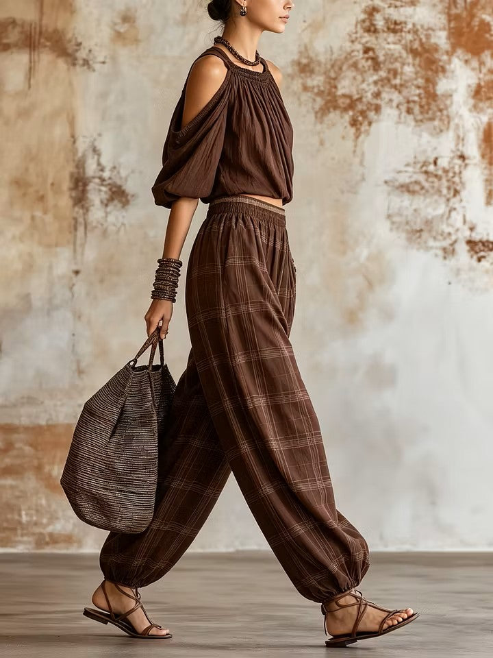 Women's Linen Off-the-Shoulder Top & Plaid Harem Style Two Piece Set