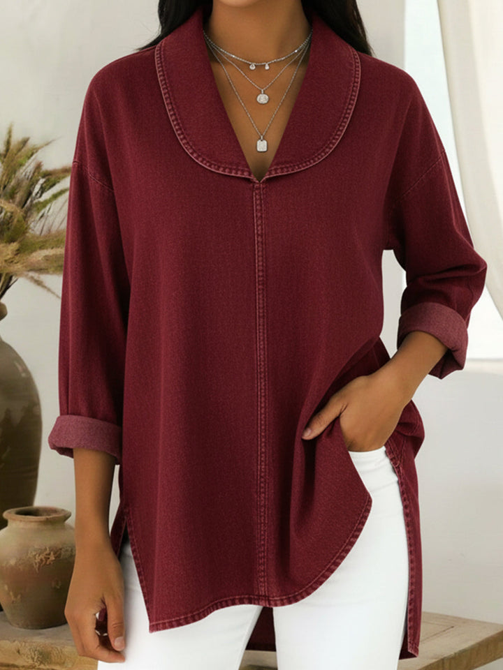 Women's Knit Shawl Collar Long Sleeve Blouse Tunics