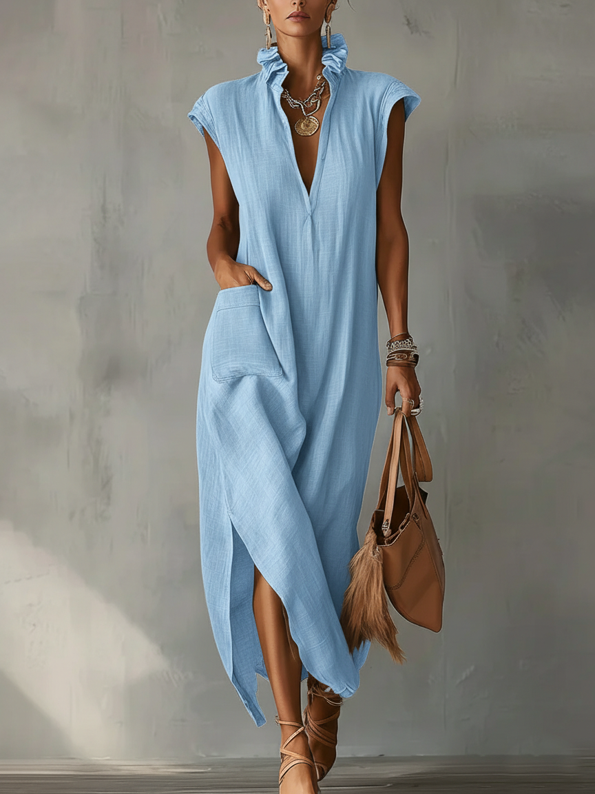 Women's Linen V Neck Ruffle Maxi Dress Sleeveless Kaftan Boho Long Dress