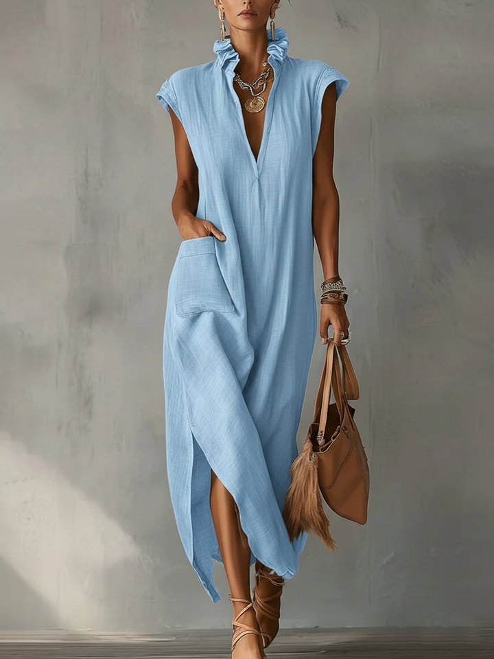 Women's Linen V Neck Ruffle Maxi Dress Sleeveless Kaftan Boho Long Dress