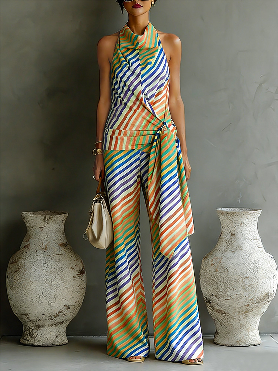 Women's Linen Halter Neck Wrap Top and Wide Leg Trouser Set