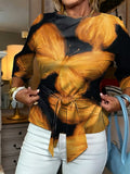 Women's Butterfly Print Blouse Three-Quarter Sleeve Knot Front Linen Top