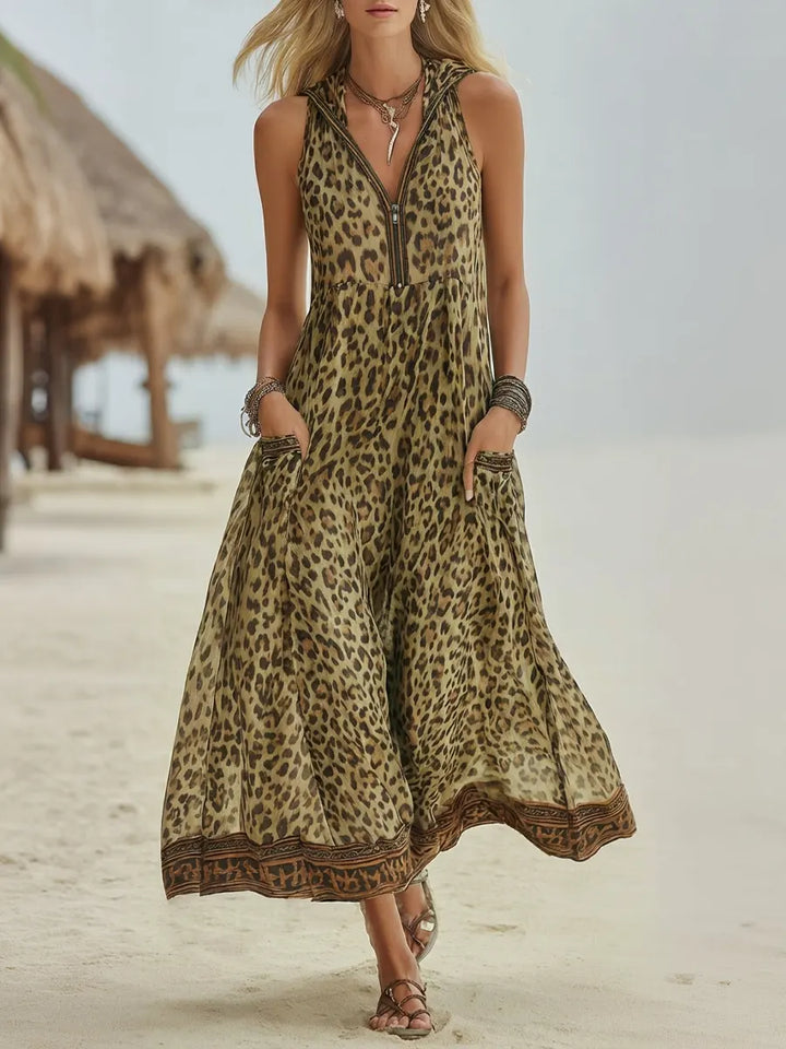 Women's Chiffon Leopard Print Sleeveless V-Neck Maxi Dress