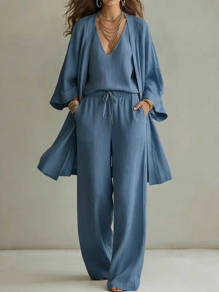 Women's 3 Piece Linen Lounge Set Wide Leg Trousers and Cardigan Outfit