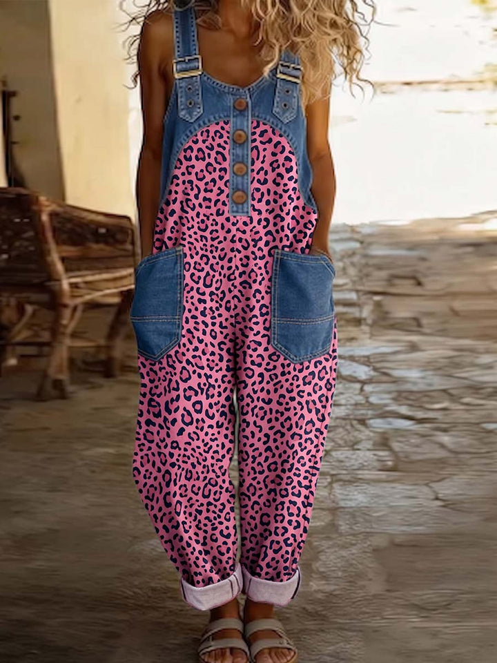 Women's Leopard-Print Denim Wide Leg Jumpsuit