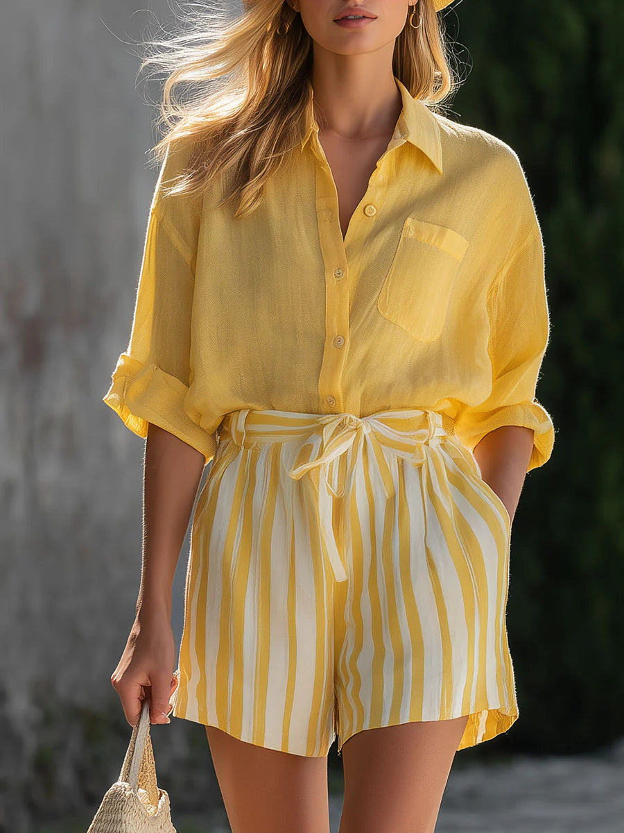 Women's Linen Striped Shorts Set Button Up Shirt 2 Piece Outfit