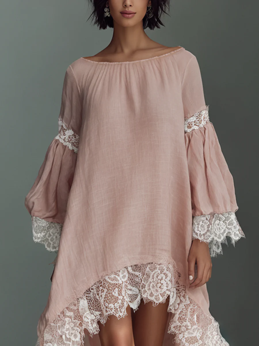 Women's Linen Lace High-Low Smock Dress Boho Tunic