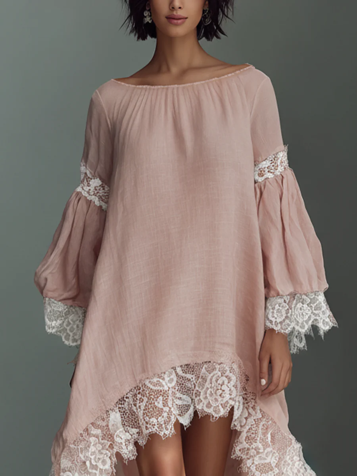 Women's Linen Lace High-Low Smock Dress Boho Tunic
