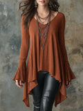 Women's Knit V-Neck Bell Sleeve Tunic Top